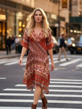 Asymmetrical Red Paisley V-Neck Midi Dress